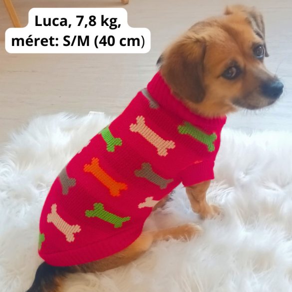Piros kutya pulóver szines mintával (S- S/M,  30-40 cm)