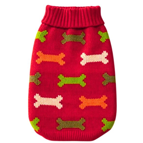 Piros kutya pulóver szines mintával (S- S/M,  30-40 cm)