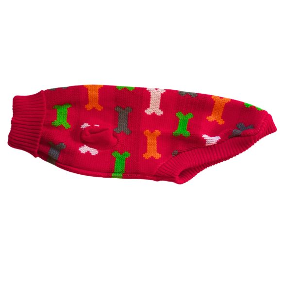Piros kutya pulóver szines mintával (S- S/M,  30-40 cm)