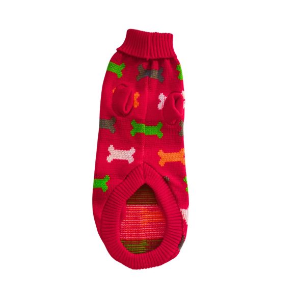 Piros kutya pulóver szines mintával (S- S/M,  30-40 cm)